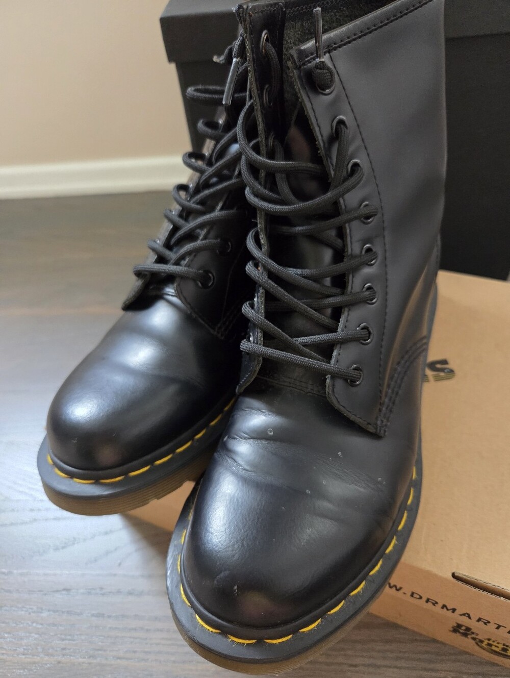 Dr. Martens Black Leather Lace-Up Combat Boots with Yellow Stitching - Picture 8 of 13